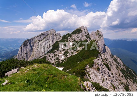 Donnerkogel Mountain in Alps, Gosau, Gmunden district, Upper Austria federal state, cloudy summer day Donnerkogel Mountain in Alps, Gosau, Gmunden district, Upper Austria federal state, cloudy summer day 120786082