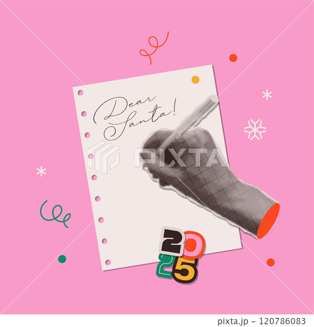 A hand writes a letter to Santa on a sheet of notebook. Trendy halftone collage for posters, banners, cards. Merry Christmas and Happy New Year. Vector trendy illustration. 120786083