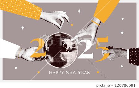 2025 New year halftone collage trendy banner template. Elegant hands holding disco ball and cut out 2025 numbers. Modern retro vector illustration. 2025 New year halftone collage trendy banner template. Elegant hands holding disco ball and cut out 2025 numbers. Modern retro vector illustration. 120786091