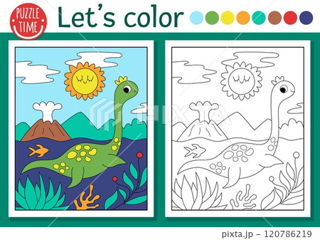 Dinosaur coloring page for children with plesiosaur. Vector outline illustration with prehistoric landscape. Color book for kids with colored example. Drawing skills printable worksheet Dinosaur coloring page for children with plesiosaur. Vector outline illustration with prehistoric landscape. Color book for kids with colored example. Drawing skills printable worksheet 120786219