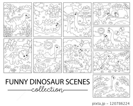 Vector black and white dinosaur vertical and horizontal scenes collection Line dino landscape illustration pack for kids. Cute prehistoric scenes set with Pterodactyl, Stegosaurus, Triceratops, T-Rex Vector black and white dinosaur vertical and horizontal scenes collection Line dino landscape illustration pack for kids. Cute prehistoric scenes set with Pterodactyl, Stegosaurus, Triceratops, T-Rex 120786224