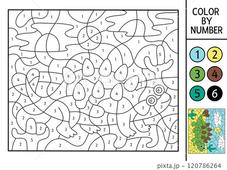 Vector dinosaur color by number activity with brontosaurus in the desert. Prehistoric landscape scene. Black and white counting game with ancient animal. Coloring page, mosaic painting for kids 120786264