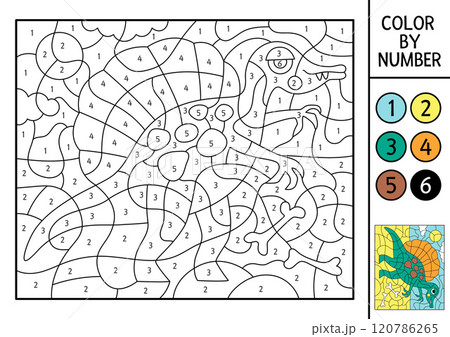 Vector dinosaur color by number activity with Spinosaurus in the desert. Prehistoric landscape scene. Black and white counting game with ancient animal. Coloring page, mosaic painting for kids 120786265