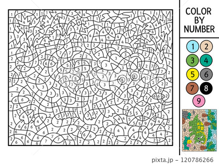 Vector dinosaur color by number activity with triceratops, eggs and palm trees. Prehistoric landscape scene. Black and white counting game with ancient animal. Coloring page, mosaic painting for kids 120786266
