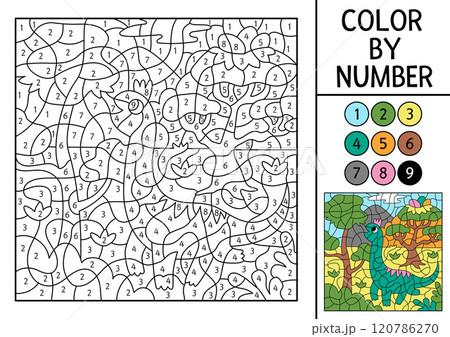 Vector dinosaur color by number activity with brachiosaurus eating leaves. Prehistoric landscape scene. Black and white counting game with ancient animal. Coloring page, mosaic painting for kids 120786270