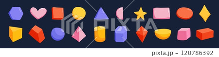 Colorful geometric shapes like squares, circles, and triangles for learning. 120786392