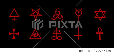 Black pentagram with geometric lines for mystic and horror designs. 120786486