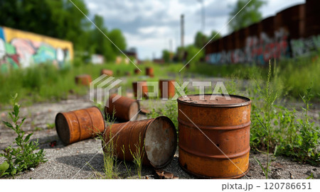 Orphan waste concept. Rusty barrels scattered on overgrown, abandoned industrial site with graffiti covered walls and cloudy sky 120786651