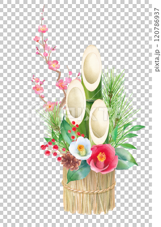 以稻草為基礎的小門鬆的水彩插圖。日本新年的傳統文化。松竹和梅花都是吉祥物和護身符。 以稻草為基礎的小門鬆的水彩插圖。日本新年的傳統文化。松竹和梅花都是吉祥物和護身符。 120786937