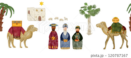 Wise men, camels, magi with gifts Christmas seamless border digital watercolor. Hand painted art for table cloth or runner, tape, celebration of true Christmas, decoration. Cute minimalistic clip art 120787167