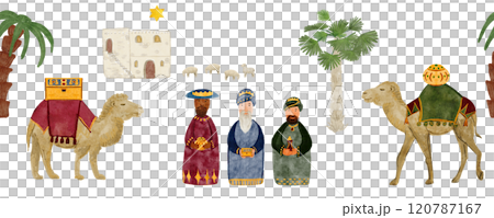 Wise men, camels, magi with gifts Christmas seamless border digital watercolor. Hand painted art for table cloth or runner, tape, celebration of true Christmas, decoration. Cute minimalistic clip art 120787167