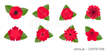 Minimalist Flower Icons, Red Blooms for logo or design elements with Leaves in Flat Style Minimalist Flower Icons, Red Blooms for logo or design elements with Leaves in Flat Style 120787198