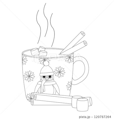 Hot chocolate coloring page with cinnamon and marshmallows. Hot chocolate coloring page with cinnamon and marshmallows. 120787264