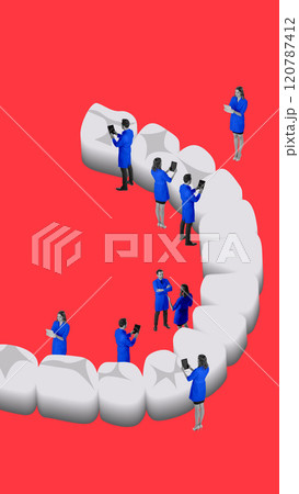 Contemporary art collage. Dental professionals standing around 3D model of teeth, inspecting and analyzing. Dental care and health research. Contemporary art collage. Dental professionals standing around 3D model of teeth, inspecting and analyzing. Dental care and health research. 120787412