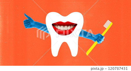 Contemporary art collage. Tooth with smiling red lips, blue hands giving thumbs-up, and holding toothbrush against orange background. Contemporary art collage. Tooth with smiling red lips, blue hands giving thumbs-up, and holding toothbrush against orange background. 120787431