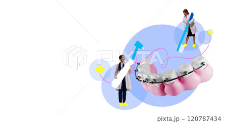 Contemporary art collage. Orthodontists cleaning tooth with braces against clean and modern design. Focus on orthodontic care. 120787434