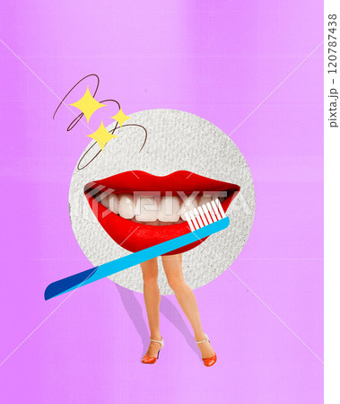 Contemporary art collage. Bright smiling mouth with red lips holding toothbrush, emphasizing oral hygiene, dental health, and teeth care. 120787438