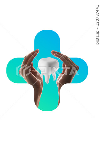 Contemporary art collage. White tooth surrounded by hands in protective gesture against medical cross-shaped gradient background. Contemporary art collage. White tooth surrounded by hands in protective gesture against medical cross-shaped gradient background. 120787441