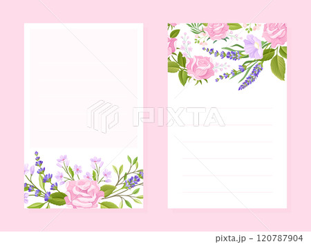 Rose Lavender Flower Bouquet Empty Card Design with Tender Flora Vector Template 120787904