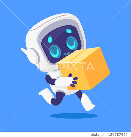 Robot and Modern Electronic Humanoid Machine Carry Cardboard Box Vector Illustration Robot and Modern Electronic Humanoid Machine Carry Cardboard Box Vector Illustration 120787985