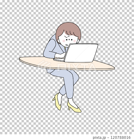 Illustration of a woman in a suit leaning forward and frowning while using a computer 120788016