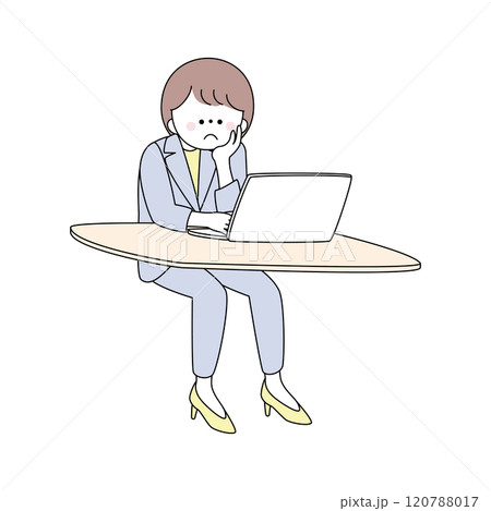 頬杖ついてパソコンを操作するスーツの女性のイラスト 頬杖ついてパソコンを操作するスーツの女性のイラスト 120788017