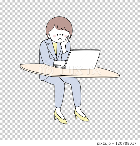 Illustration of a woman in a suit operating a computer with her chin in her hand Illustration of a woman in a suit operating a computer with her chin in her hand 120788017