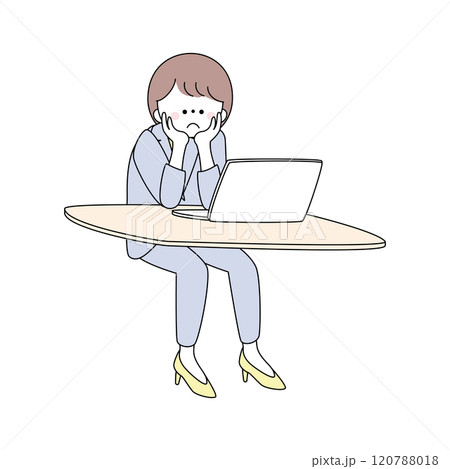 パソコンの前で頬杖をつくスーツの女性のイラスト パソコンの前で頬杖をつくスーツの女性のイラスト 120788018