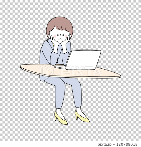 一位身穿西裝的女士將下巴靠在電腦前的插圖 120788018