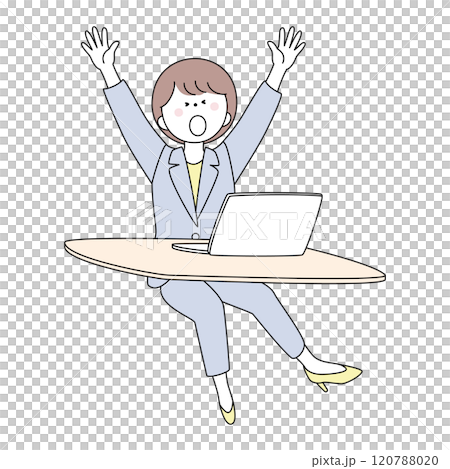 一位穿著西裝的女人在電腦前伸展身體打哈欠的插圖 120788020