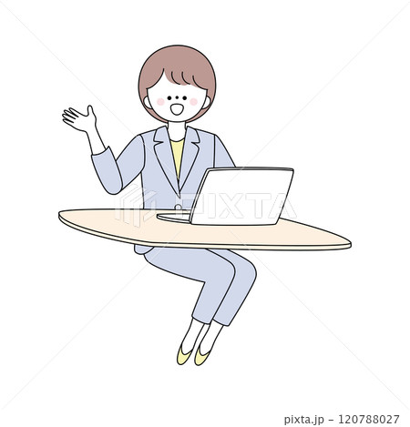 笑顔で案内するパソコンを使うスーツの女性のイラスト 120788027