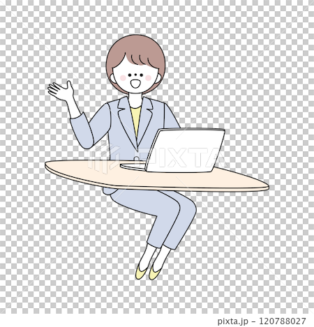 Illustration of a woman in a suit using a computer to give directions with a smile 120788027