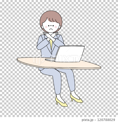 パソコンの前で手をバツにするスーツの女性のイラスト パソコンの前で手をバツにするスーツの女性のイラスト 120788029