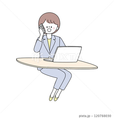 スマホで電話しながらパソコンを使うスーツの女性のイラスト 120788030