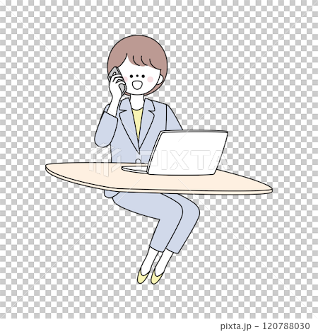 スマホで電話しながらパソコンを使うスーツの女性のイラスト 120788030