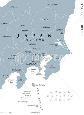 Kanto region of Japan, gray political map. Geographical region of the island Honshu, including Greater Tokyo Area, encompassing prefectures Gunma, Tochigi, Ibaraki, Saitama, Tokyo, Chiba and Kanagawa. 120788394