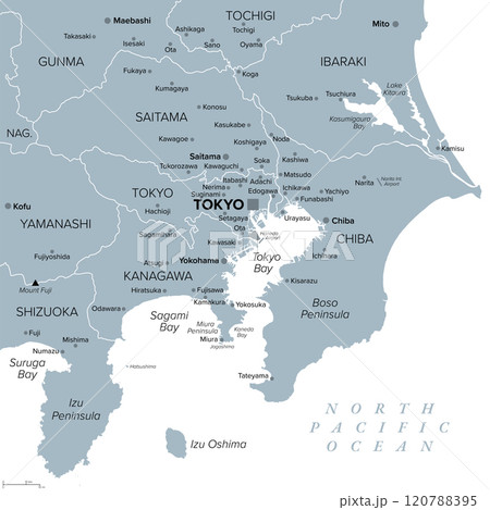Tokyo Major Metropolitan Area, gray political map of the Capital Region of Japan, located on island Honshu. Map showing Itto Sanken, consisting of the prefectures Tokyo, Chiba, Saitama and Kanagawa. 120788395