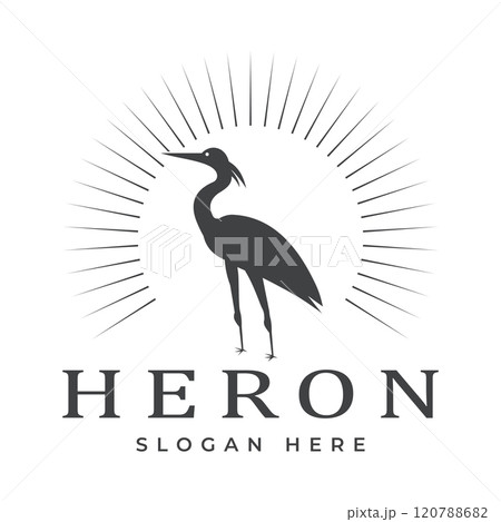 Crane Bird with Sun Rays Vintage Style. Pelican, Flamingo, Vector Emblem Design. Template illustration Crane Bird with Sun Rays Vintage Style. Pelican, Flamingo, Vector Emblem Design. Template illustration 120788682