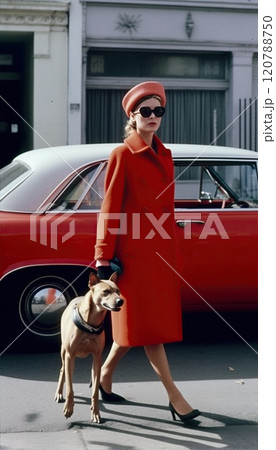 A stylish woman in red attire and chic sunglasses walks on the street with her adorable dog 120788750