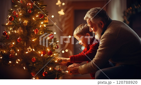 Grandfather and grandson creating a festive christmas tree with lights and red ball ornaments in a warm and cozy living room on christmas eve 120788920