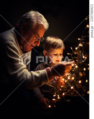 Grandfather and grandson creating a festive christmas tree with lights and red ball ornaments in a warm and cozy living room on christmas eve 120788921