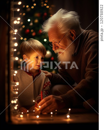 Grandfather and grandson creating a festive christmas tree with lights and red ball ornaments in a warm and cozy living room on christmas eve 120788922
