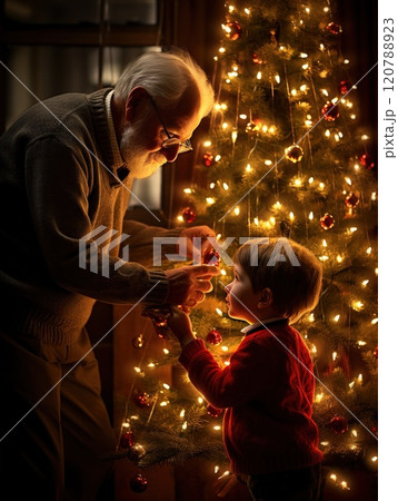 Grandfather and grandson creating a festive christmas tree with lights and red ball ornaments in a warm and cozy living room on christmas eve 120788923