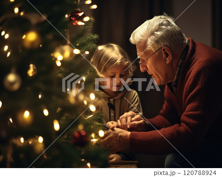 Grandfather and grandson creating a festive christmas tree with lights and red ball ornaments in a warm and cozy living room on christmas eve 120788924