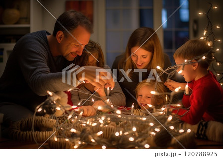 Family happily untangles christmas lights, creating a warm and festive holiday atmosphere filled with love 120788925