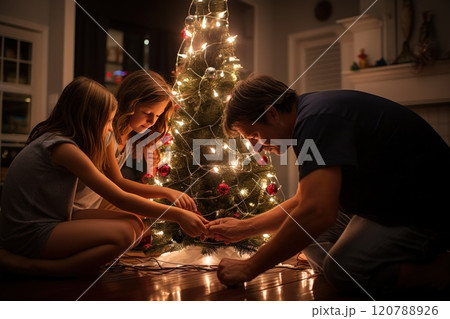 Family happily decorates christmas tree with red and gold ornaments and warm lights in cozy home, enjoying festive holiday traditions together 120788926