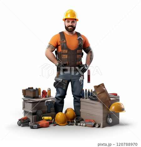 Confident Construction Worker. A Man in Safety Gear, Hardhat, and Reflective Vest on Jobsite isolated on a white background. 120788970