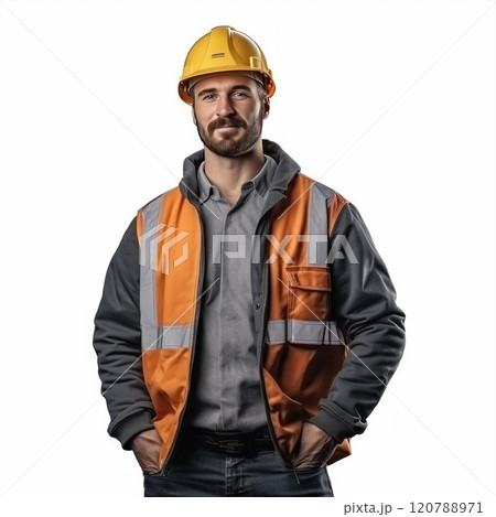 Confident Construction Worker. A Man in Safety Gear, Hardhat, and Reflective Vest on Jobsite isolated on a white background. 120788971