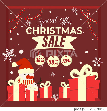 Christmas sale promotional design with gifts and snowman. Vector illustration 120789057