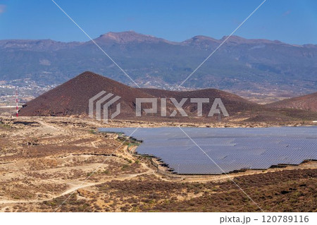 Solar panels at photovoltaic power station farm, future innovation energy concept 120789116